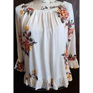 Liv Los Angeles Womens Medium Gauze Top White Embroidered Floral Boho Peasant